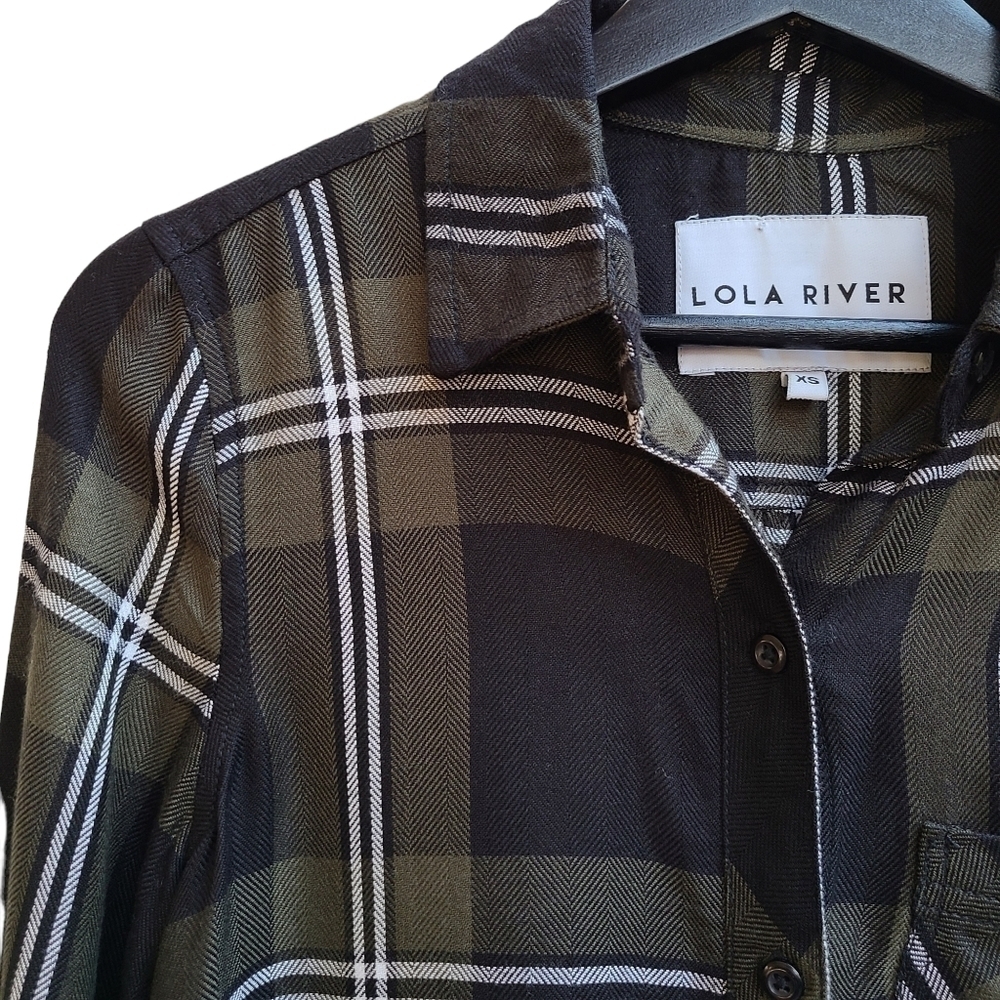 Lola River Soft Viscose Oversized Button Down Shirt Dark Green Plaid XS